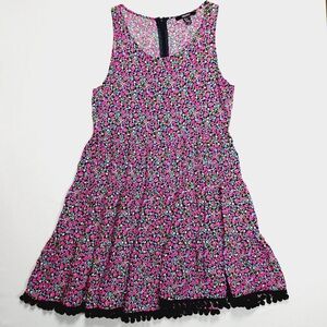 Forever 21 Womens Sleeveless Short Black Pink Floral Pom Pom Hem